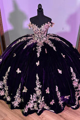 Elegant Ball Gown Off Shoulder Beaded Gold Flowers Butterfly Appliques Dark Purple Velvet Quinceanera Dress For Sweet 16