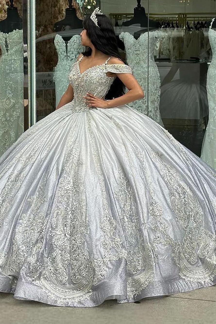 Elegant Ball Gown Off Shoulder Beaded Silver Lace Appliques Sweep Train Quinceanera Dress Princess Birthday Party Gown For Sweet 16