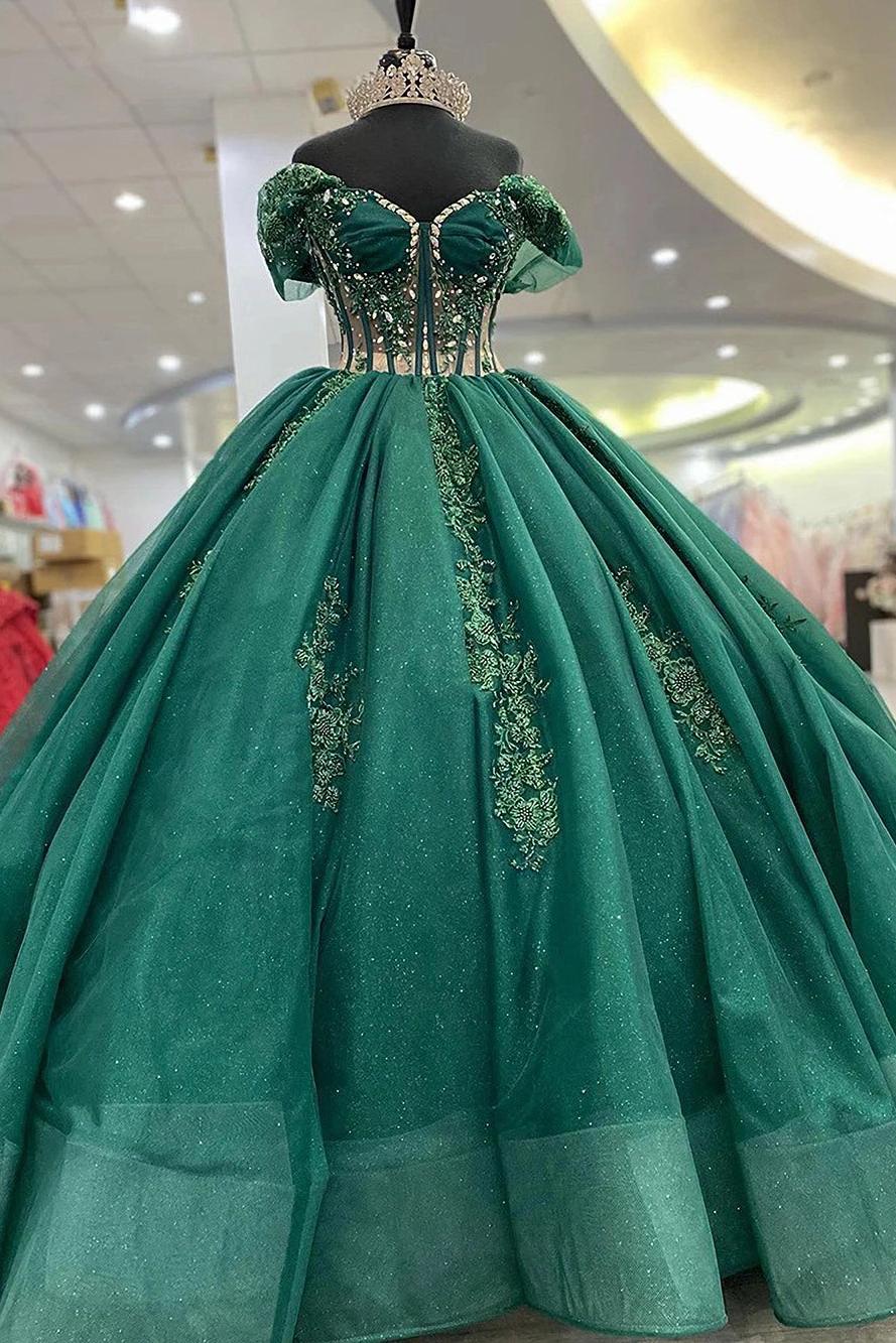 Elegant Ball Gown Off Shoulder Flower Lace Appliques Sweep Train Emerald Green Tulle Quinceanera Dress Princess Gown For Sweet 16