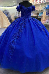 Elegant Ball Gown Off Shoulder Flowers Lace Appliques Beaded Royal Blue Tulle Quinceanera Dress Princess Prom Gown For Sweet 16