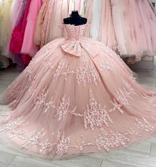 Elegant Ball Gown Off Shoulder Lace Appliques Bow Knot Pink Tulle Quinceanera Dress Princess Birthday Party For Sweet 16
