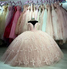Elegant Ball Gown Off Shoulder Lace Appliques Bow Knot Pink Tulle Quinceanera Dress Princess Birthday Party For Sweet 16
