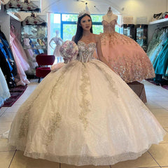 Elegant Ball Gown Off Shoulder Puff Sleeves Lace Appliques Champagne Tulle Quinceanera Dresses Princess Party Gown For Sweet 16