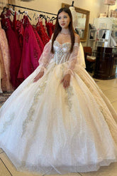 Elegant Ball Gown Off Shoulder Puff Sleeves Lace Appliques Champagne Tulle Quinceanera Dresses Princess Party Gown For Sweet 16