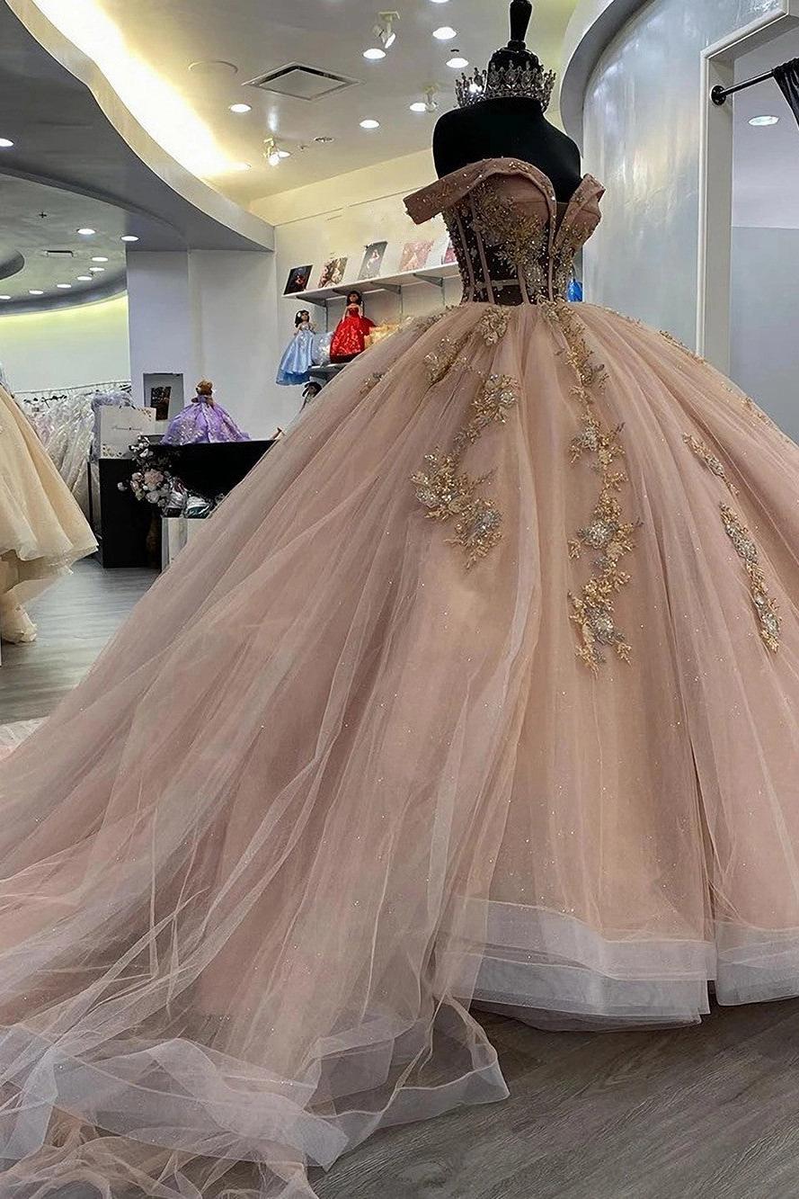 Elegant Ball Gown Off Shoulder Sleeveless Lace Sequins Appliques Beaded Sweep Train Rose Pink Tulle Quinceanera Dress Princess Gown For Sweet 16
