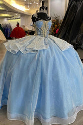 Elegant Ball Gown Strapless Sleeveless Flower Lace Appliques Beaded Sky Blue Tulle Princess Gown Quinceanera Dress For Sweet 16