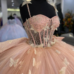 Elegant Ball Gown Strapless Spaghetti Straps 3D Butterflies Appliques Bow Knot Pink Tulle Princess Evening Dress Quinceanera Dress For Sweet 16