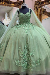Elegant Ball Gown Strapless Straps Lace Appliques Sage Green Tulle Quinceanera Dress For Sweet 16