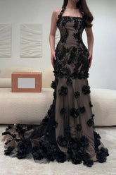 Elegant Black Illusion Floral Halter Mermaid Prom Dress With 3D Appliques Formal Evening Gown
