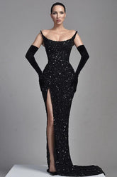 Elegant Black Long Evening Dress with Sequins Half Sleeves and Slit