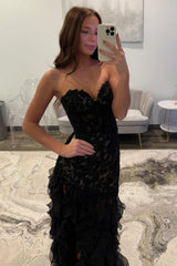 Elegant Black Sweetheart Mermaid Lace Prom Dress With Ruffle Skirt Formal Evening Gown