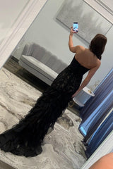 Elegant Black Sweetheart Mermaid Lace Prom Dress With Ruffle Skirt Formal Evening Gown
