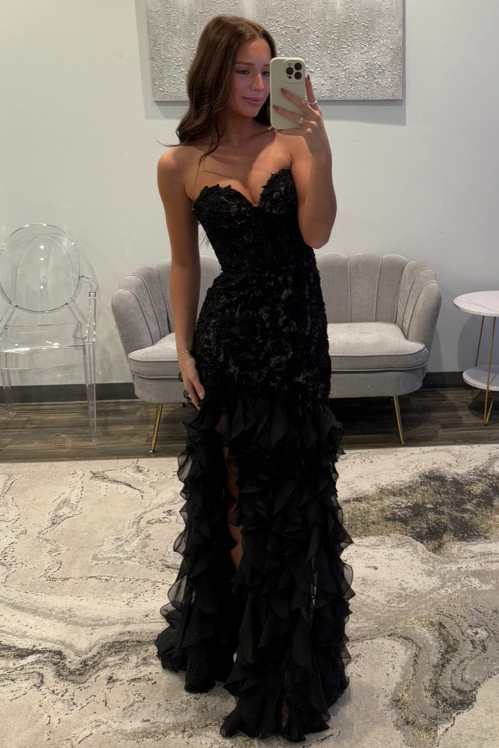 Elegant Black Sweetheart Mermaid Lace Prom Dress With Ruffle Skirt Formal Evening Gown