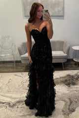 Elegant Black Sweetheart Mermaid Lace Prom Dress With Ruffle Skirt Formal Evening Gown