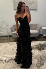 Elegant Black Sweetheart Mermaid Lace Prom Dress With Ruffle Skirt Formal Evening Gown