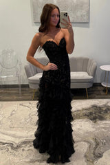 Elegant Black Sweetheart Mermaid Lace Prom Dress With Ruffle Skirt Formal Evening Gown