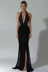 Elegant Black Wedding Guest Dress Halter Mermaid Formal Dress With Slit