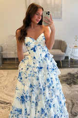 Elegant Blue Floral Sweetheart Tiered Prom Dress With Corset Bodice Formal Evening Gown