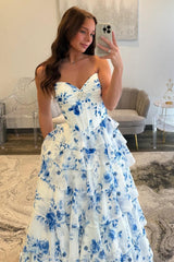 Elegant Blue Floral Sweetheart Tiered Prom Dress With Corset Bodice Formal Evening Gown