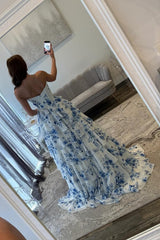 Elegant Blue Floral Sweetheart Tiered Prom Dress With Corset Bodice Formal Evening Gown