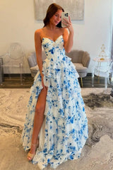 Elegant Blue Floral Sweetheart Tiered Prom Dress With Corset Bodice Formal Evening Gown