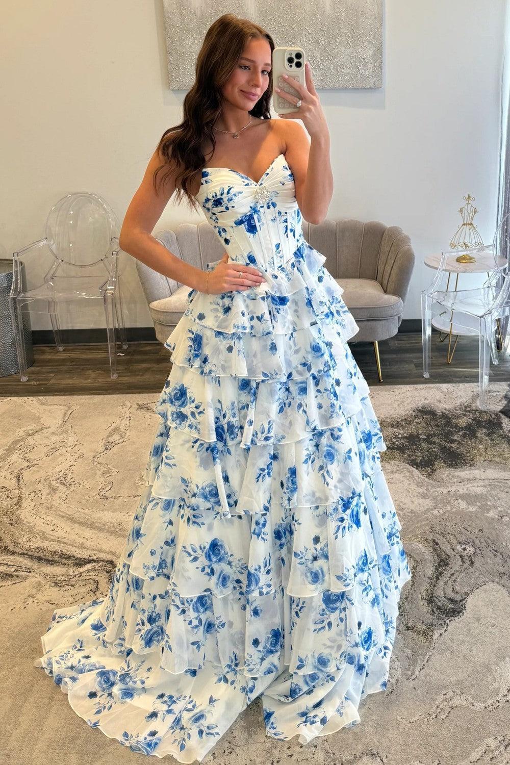 Elegant Blue Floral Sweetheart Tiered Prom Dress With Corset Bodice Formal Evening Gown