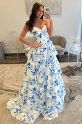 Elegant Blue Floral Sweetheart Tiered Prom Dress With Corset Bodice Formal Evening Gown