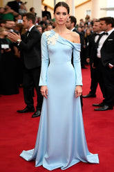 Elegant Blue Wedding Guest Dress A Line 3D Flowers Long Gala Dress With Long Sleeves