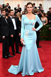 Elegant Blue Wedding Guest Dress Mermaid Long Sleeves Gala Dress With 3D Flowers