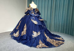 Elegant & Classic Ball Gown Off Shoulder Half Lantern Sleeves Lace Appliques Tiered Navy Blue Tulle Quinceanera Dress Evening Party Gown For Sweet 16