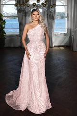 Elegant Dark Blue One Shoulder Mermaid Evening Dress with Sequin Applique