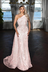 Elegant Dark Blue One Shoulder Mermaid Evening Dress with Sequin Applique