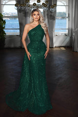 Elegant Dark Blue One Shoulder Mermaid Evening Dress with Sequin Applique