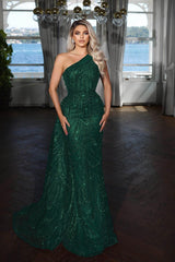 Elegant Dark Blue One Shoulder Mermaid Evening Dress with Sequin Applique
