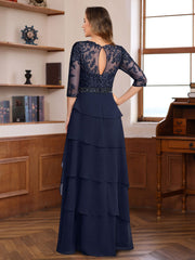 Elegant Long A Line Mother of the Bride & Groom Dresses with 3/4 Sleeves Lace Appliques and Ruffles