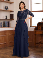 Elegant Long A Line Mother of the Bride & Groom Dresses with 3/4 Sleeves Lace Appliques and Ruffles