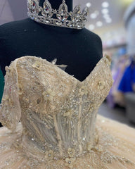 Elegant & Glamorous Ball Gown Off Shoulder Beaded Lace Appliques Champagne Tulle Quinceanera Dress Birthday Formal Party Gown For Sweet 16