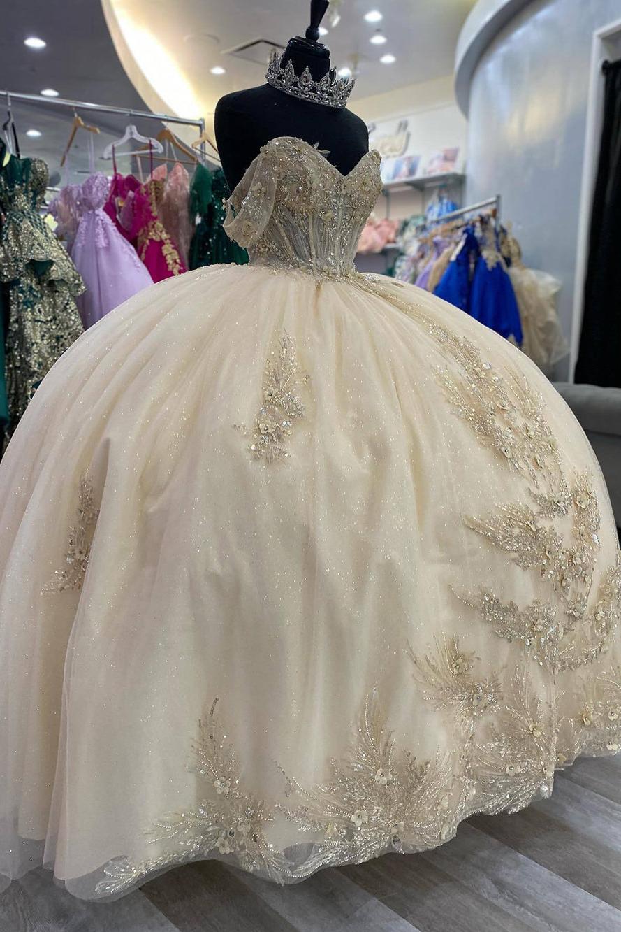 Elegant & Glamorous Ball Gown Off Shoulder Beaded Lace Appliques Champagne Tulle Quinceanera Dress Birthday Formal Party Gown For Sweet 16