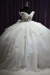 Elegant & Glamorous Ball Gown Off Shoulder Flowers Appliques Beaded Tulle Princess Formal Evening Party Gown Quinceanera Dresses For Sweet 16