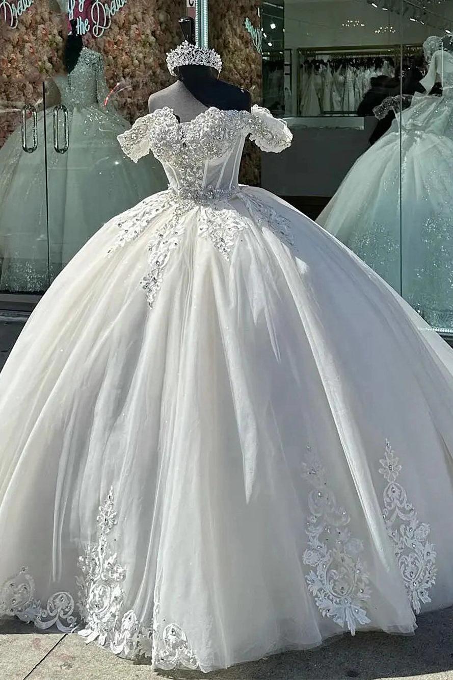 Elegant & Glamorous Ball Gown Off Shoulder Lace Appliques Beaded White Tulle Quinceanera Dress Princess Birthday Party Gown For Sweet 16