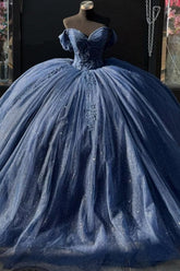 Elegant & Glamorous Ball Gown Off Shoulder Pleated Appliques Lace Up Navy Blue Tulle Quinceanera Dress Birthday Party Gown For Sweet 16
