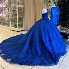 Elegant & Glitter Ball Gown Off Shoulder 3D Flower Lace Appliques Royal Blue Tulle Quinceanera Dress Princess Birthday Party Dress For Sweet 16