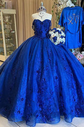 Elegant & Glitter Ball Gown Off Shoulder 3D Flower Lace Appliques Royal Blue Tulle Quinceanera Dress Princess Birthday Party Dress For Sweet 16