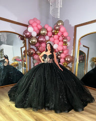 Elegant & Glitter Ball Gown Sweetheart Neck Lace Appliques Black Tulle Quinceanera Dress Evening Party Princess Gown For Sweet 16