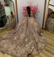 Elegant & Glitter Ball Gown Sweetheart Neck Off Shoulder Sweep Train Tulle Cocktail Party Gown Quinceanera Dress Princess For Sweet 16