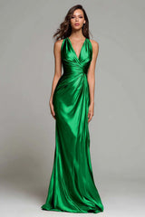 Elegant Gold Ruched V-Neck Mermaid Long Metallic Prom Dress