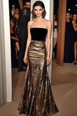 Elegant Golden Strapless Mermaid Sequin Long Prom Dress