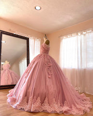 Elegant & Gorgeous Ball Gown Off Shoulder 3D Flower Lace Appliques Beaded Pink Satin Quinceanera Dress For Sweet 16