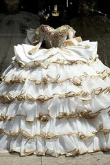 Elegant & Gorgeous Ball Gown Off Shoulder Gold Appliques Beaded Tiered Princess Evening Party Dress Quinceanera Dress For Sweet 16