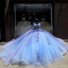 Elegant & Gorgeous Ball Gown Sweetheart Neck 3D Flowers Lace Appliques Blue Tulle Princess Quinceanera Dress Evening Party Gown For Sweet 16